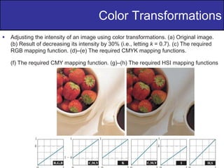 20
of
36
Color Transformations
 Adjusting the intensity of an image using color transformations. (a) Original image.
(b) Result of decreasing its intensity by 30% (i.e., letting k = 0.7). (c) The required
RGB mapping function. (d)–(e) The required CMYK mapping functions.
(f) The required CMY mapping function. (g)–(h) The required HSI mapping functions
 