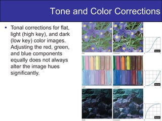26
of
36
 Tonal corrections for flat,
light (high key), and dark
(low key) color images.
Adjusting the red, green,
and blue components
equally does not always
alter the image hues
significantly.
Tone and Color Corrections
 