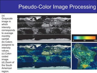 5
of
36
Pseudo-Color Image Processing
(a)
Grayscale
image in
which
intensity
corresponds
to average
monthly
rainfall.
(b) Colors
assigned to
intensity
values.
(c) Color-
coded
image.
(d) Zoom of
the South
American
region.
 
