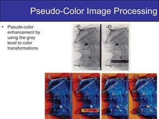 7
of
36
Pseudo-Color Image Processing
 Pseudo-color
enhancement by
using the gray
level to color
transformations
 