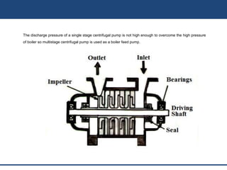 The discharge pressure of a single stage centrifugal pump is not high enough to overcome the high pressure
of boiler so multistage centrifugal pump is used as a boiler feed pump.
 