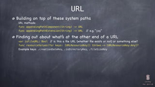 CS193p

Fall 2017-18
URL
Building on top of these system paths
URL methods:
func appendingPathComponent(String) -> URL
fun...