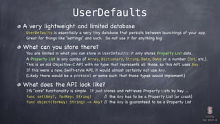 CS193p

Fall 2017-18
UserDefaults
A very lightweight and limited database
UserDefaults is essentially a very tiny database...