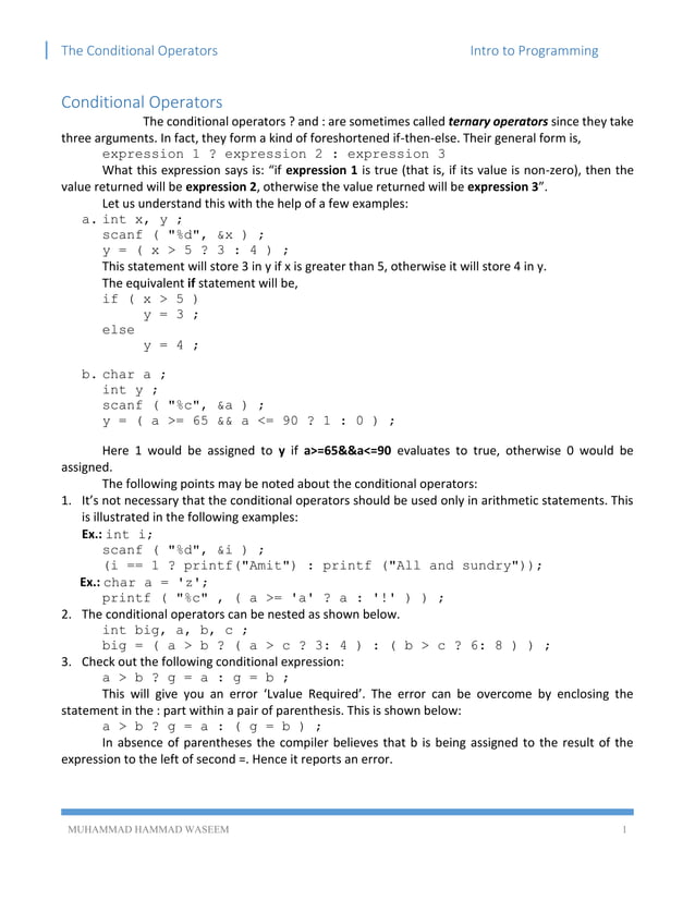 [ITP - Lecture 09] Conditional Operator in C/C++ | PDF