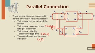 Parallel Connection
• Transmission Lines are connected in
parallel because of following reasons
• To increase current rating of the
system
• To increase maximum power
rating of the system
• To increase reliability
• To reduce voltage drop
• To reduce losses and increase
efficiency
 