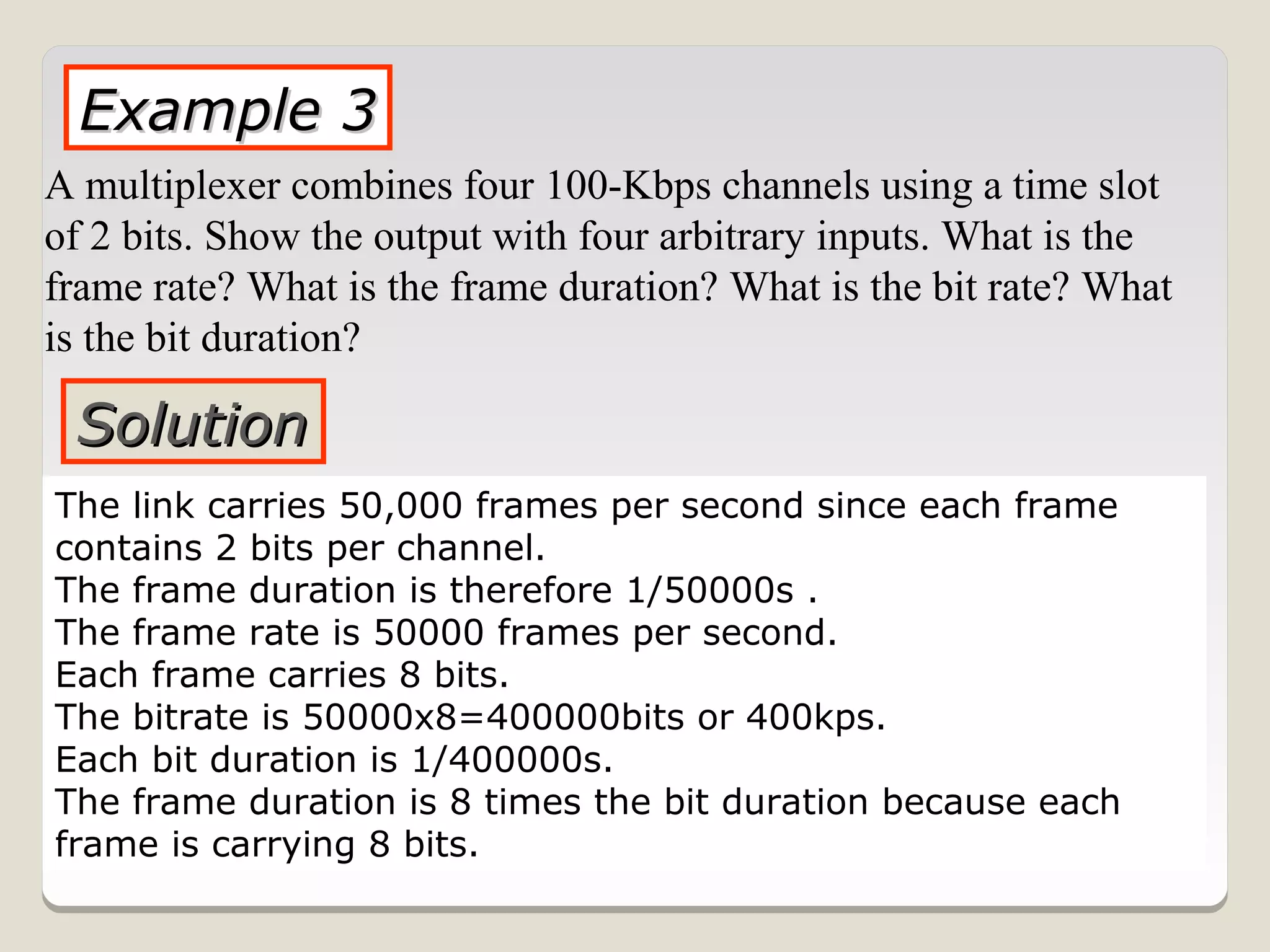Example 3
A multiplexer combines four 100-Kbps channels using a time slot
of 2 bits. Show the output with four arbitrary inputs. What is the
frame rate? What is the frame duration? What is the bit rate? What
is the bit duration?

 Solution
The link carries 50,000 frames per second since each frame
contains 2 bits per channel.
The frame duration is therefore 1/50000s .
The frame rate is 50000 frames per second.
Each frame carries 8 bits.
The bitrate is 50000x8=400000bits or 400kps.
Each bit duration is 1/400000s.
The frame duration is 8 times the bit duration because each
frame is carrying 8 bits.
 