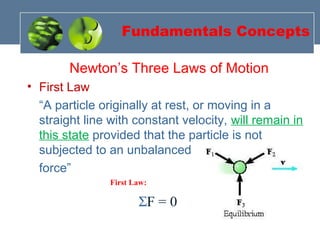 Fundamentals Concepts
Newton’s Three Laws of Motion
• First Law
“A particle originally at rest, or moving in a
straight line with constant velocity, will remain in
this state provided that the particle is not
subjected to an unbalanced
force”
First Law:
ΣF = 0
 