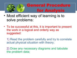 General Procedure
for Analysis
• Most efficient way of learning is to
solve problems:
• To be successful at this, it is important to present
the work in a logical and orderly way as
suggested:
1) Read the problem carefully and try to correlate
actual physical situation with theory;
2) Draw any necessary diagrams and tabulate
the problem data;
 