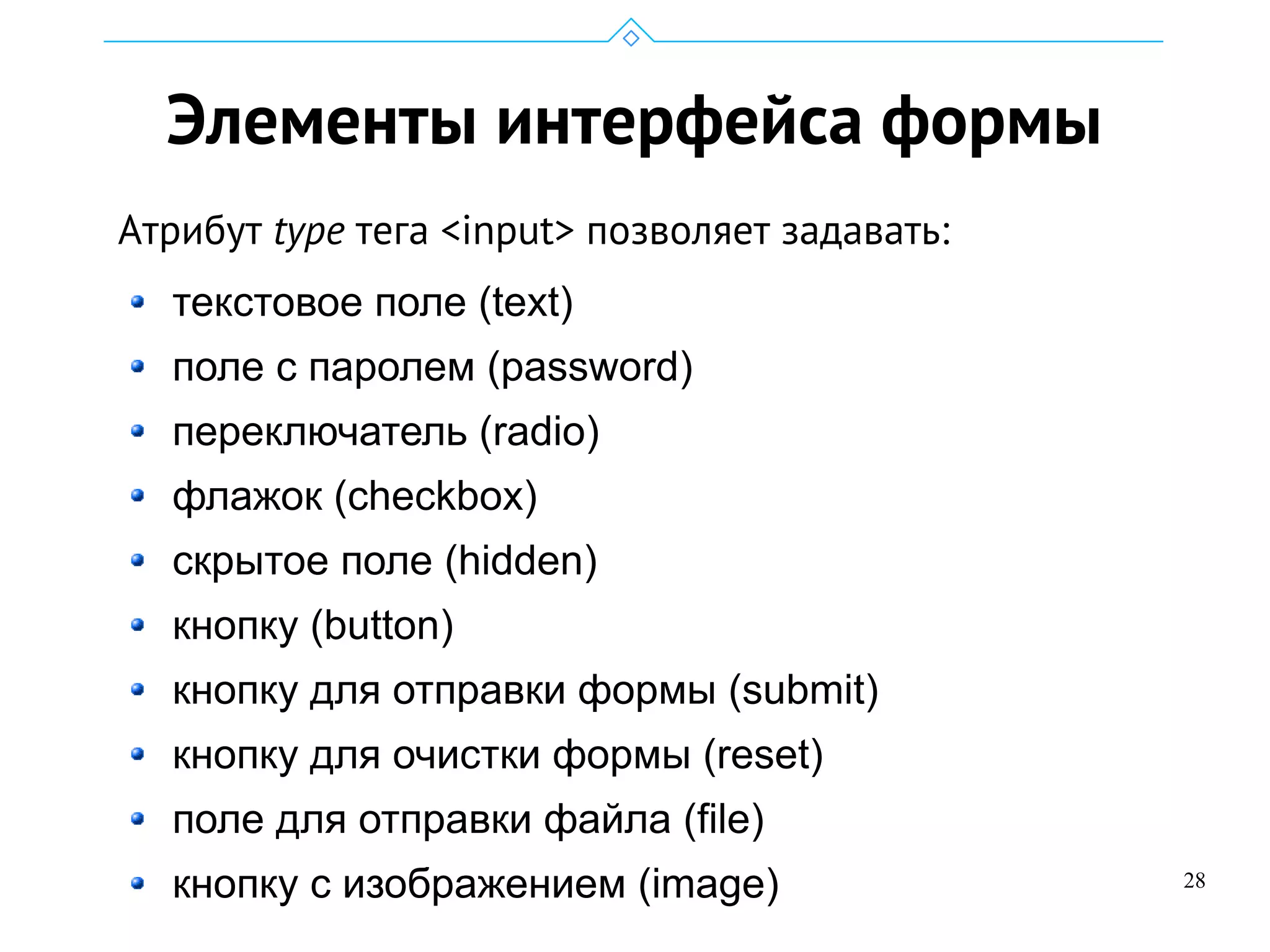 28
Элементы интерфейса формы
Атрибут type тега <input> позволяет задавать:
текстовое поле (text)
поле с паролем (password)
переключатель (radio)
флажок (checkbox)
скрытое поле (hidden)
кнопку (button)
кнопку для отправки формы (submit)
кнопку для очистки формы (reset)
поле для отправки файла (file)
кнопку с изображением (image)
 