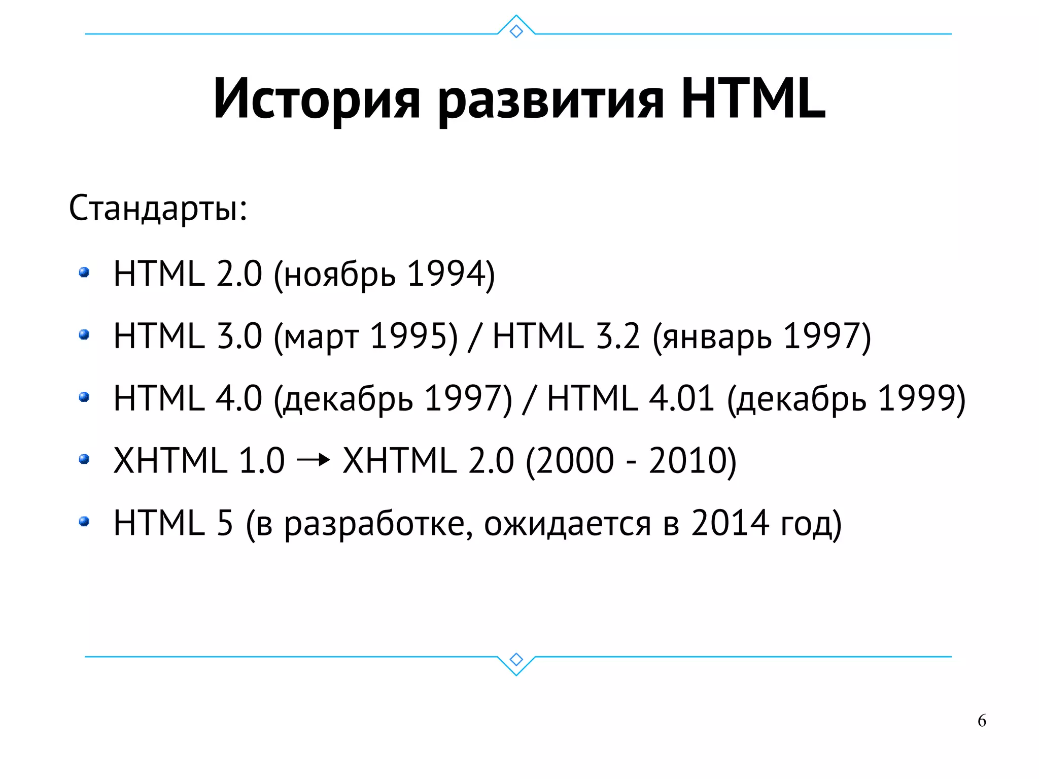 6
История развития HTML
Стандарты:
HTML 2.0 (ноябрь 1994)
HTML 3.0 (март 1995) / HTML 3.2 (январь 1997)
HTML 4.0 (декабрь 1997) / HTML 4.01 (декабрь 1999)
XHTML 1.0 → XHTML 2.0 (2000 - 2010)
HTML 5 (в разработке, ожидается в 2014 год)
 