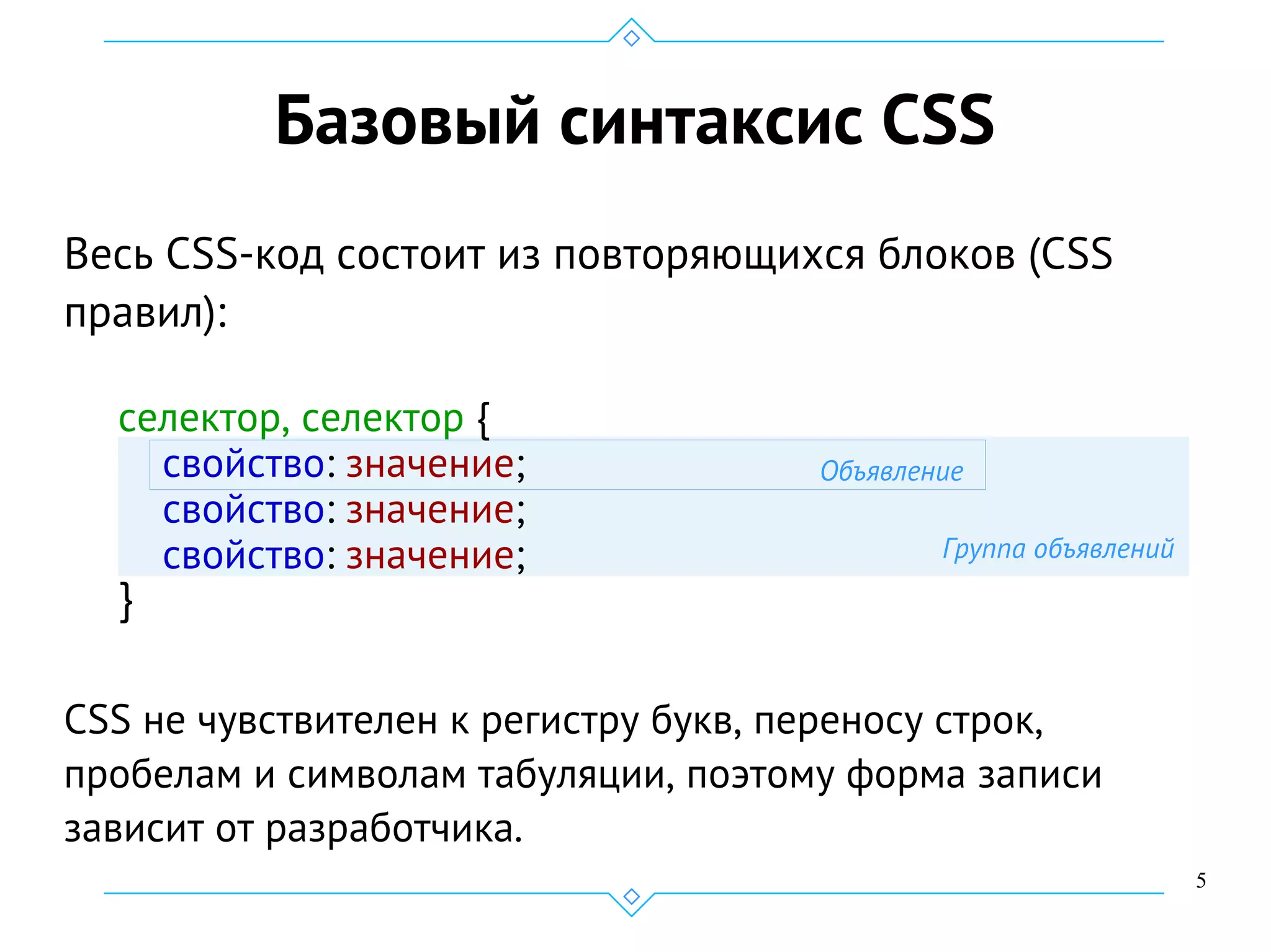 5
Базовый синтаксис CSS
Весь CSS-код состоит из повторяющихся блоков (CSS
правил):
селектор, селектор {
свойство: значение;
свойство: значение;
свойство: значение;
}
CSS не чувствителен к регистру букв, переносу строк,
пробелам и символам табуляции, поэтому форма записи
зависит от разработчика.
Объявление
Группа объявлений
 