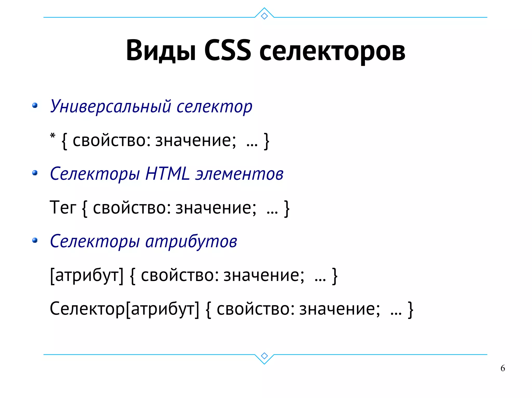 6
Виды CSS селекторов
Универсальный селектор
* { свойство: значение; ... }
Селекторы HTML элементов
Тег { свойство: значение; ... }
Селекторы атрибутов
[атрибут] { свойство: значение; ... }
Селектор[атрибут] { свойство: значение; ... }
 