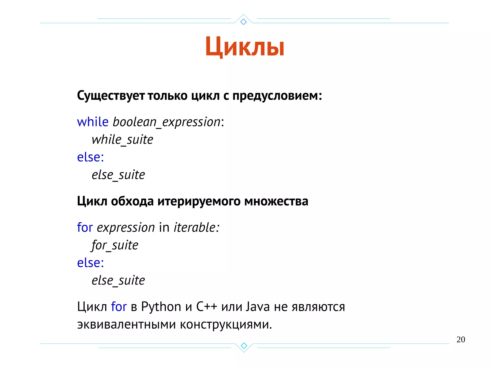 20
Циклы
Существует только цикл с предусловием:
while boolean_expression:
while_suite
else:
else_suite
Цикл обхода итерируемого множества
for expression in iterable:
for_suite
else:
else_suite
Цикл for в Python и С++ или Java не являются
эквивалентными конструкциями.
 