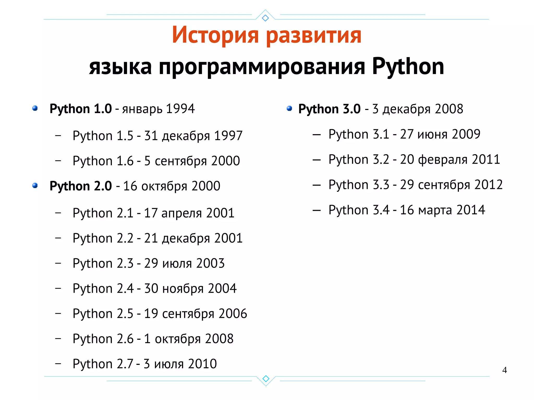 4
История развития
языка программирования Python
Python 1.0 - январь 1994
– Python 1.5 - 31 декабря 1997
– Python 1.6 - 5 сентября 2000
Python 2.0 - 16 октября 2000
– Python 2.1 - 17 апреля 2001
– Python 2.2 - 21 декабря 2001
– Python 2.3 - 29 июля 2003
– Python 2.4 - 30 ноября 2004
– Python 2.5 - 19 сентября 2006
– Python 2.6 - 1 октября 2008
– Python 2.7- 3 июля 2010
Python 3.0 - 3 декабря 2008
— Python 3.1 - 27 июня 2009
— Python 3.2 - 20 февраля 2011
— Python 3.3 - 29 сентября 2012
— Python 3.4 - 16 марта 2014
 