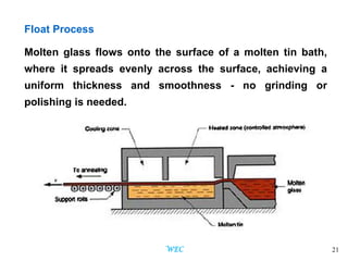 21
Float Process
Molten glass flows onto the surface of a molten tin bath,
where it spreads evenly across the surface, achieving a
uniform thickness and smoothness - no grinding or
polishing is needed.
WEC
 