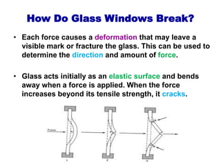 • Each force causes a deformation that may leave a
visible mark or fracture the glass. This can be used to
determine the direction and amount of force.
• Glass acts initially as an elastic surface and bends
away when a force is applied. When the force
increases beyond its tensile strength, it cracks.
How Do Glass Windows Break?
 