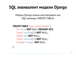 5
SQL эквивалент модели Django
Модель Django можно рассматривать как
SQL-команду «CREATE TABLE»
CREATE TABLE “app_custommodel” (
“id” serial NOT NULL PRIMARY KEY,
“name” varchar(30) NOT NULL,
“body” text NOT NULL,
“email” varchar(75) NOT NULL,
“number” integer NOT NULL
);
 