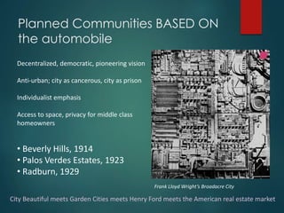 Planned Communities BASED ON
the automobile
City Beautiful meets Garden Cities meets Henry Ford meets the American real estate market
Frank Lloyd Wright’s Broadacre City
• Beverly Hills, 1914
• Palos Verdes Estates, 1923
• Radburn, 1929
Decentralized, democratic, pioneering vision
Anti-urban; city as cancerous, city as prison
Individualist emphasis
Access to space, privacy for middle class
homeowners
 
