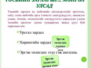 ТӨСВИЙН ЗАРЛАГЫГ... МОНГОЛ
          УЛСАД
Төсвийн зарлага нь нийгмийн үйлдвэрлэлийг өргөтгөх,
соёл, олон нийтийн арга хэмжээг санхүүжүүлэх, шинжлэх
ухаан, техник, технологийг хөгжүүлэхэд зориулсан улсын
төсвийн орлогыг дахин хуваарилах явцад үүсч буй
харилцаа юм.
       Урсгал   зардал
                                 Эргэж
       Хөрөнгийн     зардал    төлөгдөх
                                 гадаад
                                  зээл
       Эргэж   төлөгдөх зээл гэж ангилна.
                          Эргэж
                         төлөгдөх
                        дотоод зээл
 