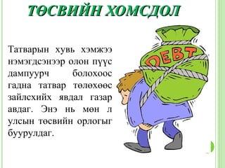 ТӨСВИЙН ХОМСДОЛ

Татварын хувь хэмжээ
нэмэгдсэнээр олон пүүс
дампуурч      болохоос
гадна татвар төлөхөөс
зайлсхийх явдал газар
авдаг. Энэ нь мөн л
улсын төсвийн орлогыг
буурулдаг.
 