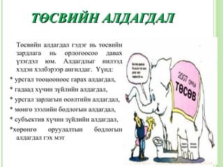 ТӨСВИЙН АЛДАГДАЛ
   Төсвийн алдагдал гэдэг нь төсвийн
   зардлага нь орлогоосоо давах
   үзэгдэл юм. Алдагдлыг нилээд
   хэдэн хэлбэрээр ангилдаг. Үүнд:
* урсгал тооцооноос гарах алдагдал,
* гадаад хүчин зүйлийн алдагдал,
* урсгал зарлагын өсөлтийн алдагдал,
* мөнгө зээлийн бодлогын алдагдал,
* субъектив хүчин зүйлийн алдагдал,
*хөрөнгө      оруулалтын     бодлогын
   алдагдал гэх мэт
 