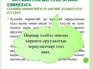 ЗАСГИЙН ГАЗРЫН ЗЭЭЛ, ӨРИЙН
УДИРДЛАГА.
ЗЭЭЛИЙН ХӨРӨНГИЙГН ҮР АШГИЙГ ДЭЭШЛҮҮЛЭХ
АСУУДАЛ:
 Зээлийнхөрөнгийг үр ашигтай зарцуулахын
 тулд юуны өмнө авсан зээлээ хүүтэй нь хамт
 төлөөд ашиг үлдэж байх хэмжээний орлого
 оруулах   тийм     төсөл,   хөтөлбөрүүдийг
 санхүүжүүлэх шаардлагатай.зөвхөн
         Өөрөөр хэлбэл
          хөрөнгө оруулалтын
           зориулалтаар зээл
 Зээлийн хөрөнгөөр санхүүжсэн         хөрөнгө
 оруулалтын ашгийнавах. нь зээлийн
                   норм               хүүгийн
 нормоос давж байж төр зээлийн хүүг төлөөд
 зогсохгүй, бас ашиг олох боломжтой болно.
 