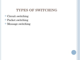 TYPES OF SWITCHING
 Circuit switching
 Packet switching
 Message switching
 