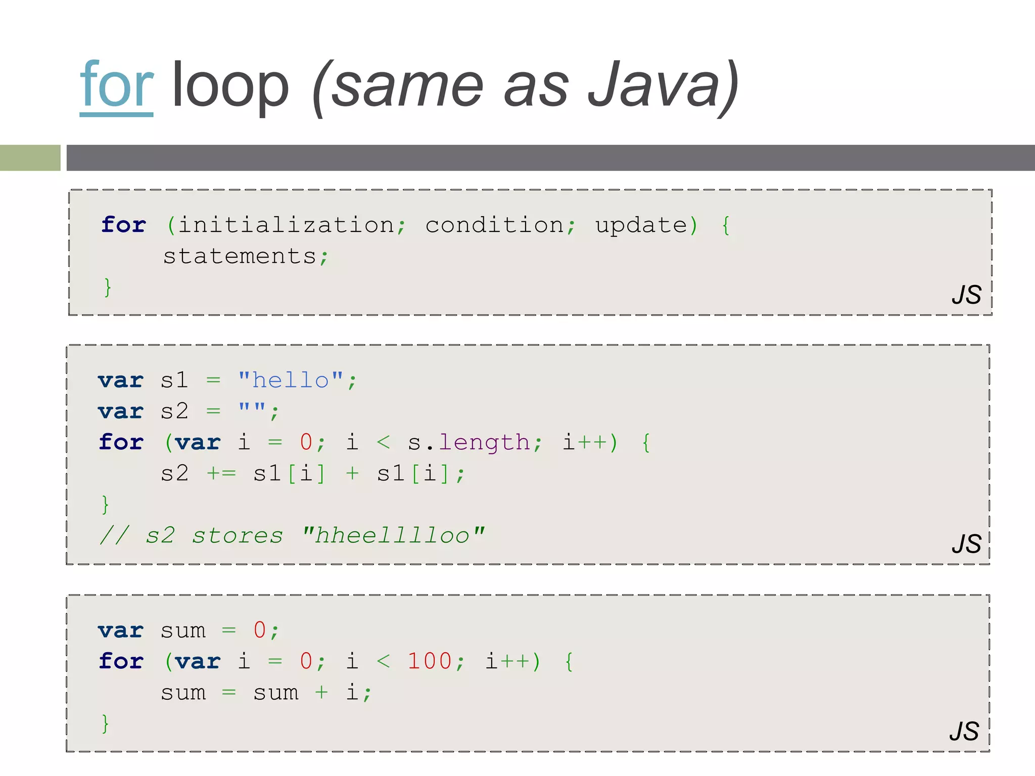 for loop (same as Java)
for (initialization; condition; update) {
    statements;
}                                           JS


var s1 = "hello";
var s2 = "";
for (var i = 0; i < s.length; i++) {
    s2 += s1[i] + s1[i];
}
// s2 stores "hheelllloo"                   JS


var sum = 0;
for (var i = 0; i < 100; i++) {
    sum = sum + i;
}                                           JS
 