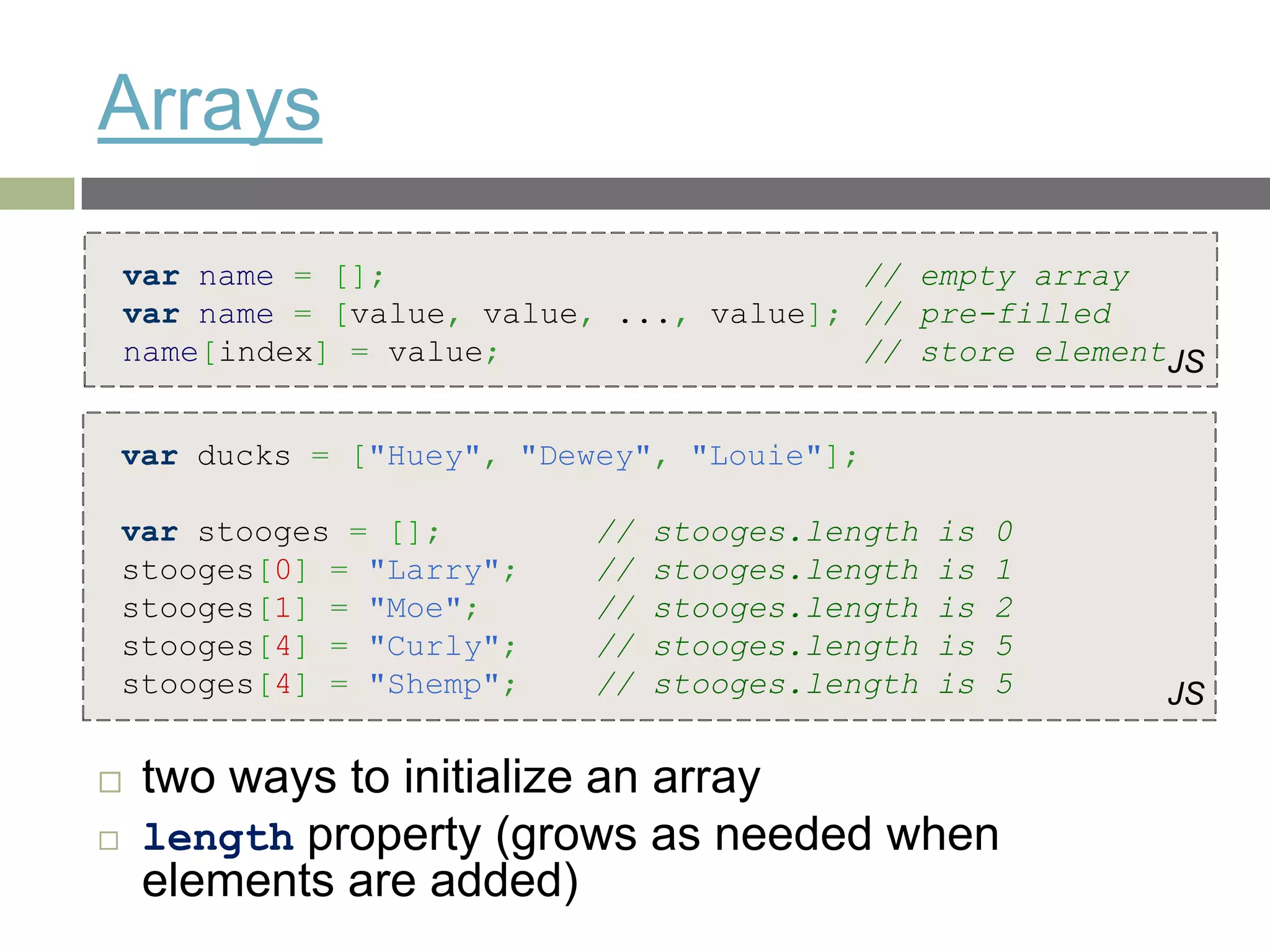 Arrays
    var name = [];                         // empty array
    var name = [value, value, ..., value]; // pre-filled
    name[index] = value;                   // store elementJS


    var ducks = ["Huey", "Dewey", "Louie"];

    var stooges = [];       //   stooges.length   is   0
    stooges[0] = "Larry";   //   stooges.length   is   1
    stooges[1] = "Moe";     //   stooges.length   is   2
    stooges[4] = "Curly";   //   stooges.length   is   5
    stooges[4] = "Shemp";   //   stooges.length   is   5   JS

    two ways to initialize an array
    length property (grows as needed when
     elements are added)
 