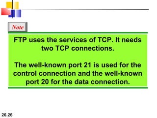26.26
FTP uses the services of TCP. It needs
two TCP connections.
The well-known port 21 is used for the
control connection and the well-known
port 20 for the data connection.
Note
 