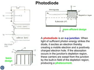 Photodiode A  photodiode  is an  n-p junction . When light of sufficient photon energy strikes the diode, it excites an electron thereby creating a mobile electron and a positively charged electron hole. If the absorption occurs in the junction's depletion region, these carriers are swept from the junction by the built-in field of the depletion region, producing a  photocurrent .  basic design more efficient design 