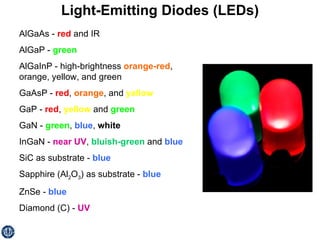 Light-Emitting Diodes (LEDs) AlGaAs -  red  and IR AlGaP -  green AlGaInP - high-brightness  orange-red , orange, yellow, and green GaAsP -  red ,  orange , and  yellow GaP -  red ,  yellow  and  green GaN -  green ,  blue ,  white InGaN -  near UV ,  bluish-green  and  blue SiC as substrate -  blue Sapphire (Al 2 O 3 ) as substrate -  blue ZnSe -  blue Diamond (C) -  UV 
