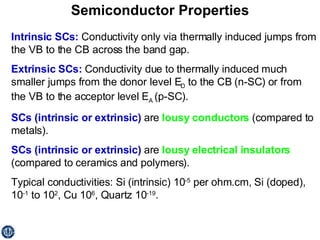 Semiconductor Properties Intrinsic SCs:  Conductivity only via thermally induced jumps from the VB to the CB across the band gap.  Extrinsic SCs:  Conductivity due to thermally induced much smaller jumps from the donor level E D  to the CB (n-SC) or from the VB to the acceptor level E A  (p-SC). SCs (intrinsic or extrinsic)  are  lousy conductors  (compared to metals). SCs (intrinsic or extrinsic)  are  lousy electrical insulators  (compared to ceramics and polymers). Typical conductivities: Si (intrinsic) 10 -5  per ohm.cm, Si (doped), 10 -1  to 10 2 , Cu 10 6 , Quartz 10 -19 . 