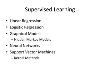 Supervised LearningLinear RegressionLogistic RegressionGraphical ModelsHidden Markov ModelsNeural NetworksSupport Vector MachinesKernel Methods