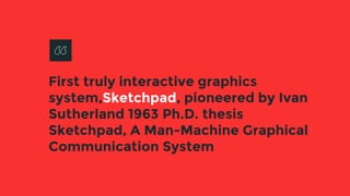 First truly interactive graphics
system,Sketchpad, pioneered by Ivan
Sutherland 1963 Ph.D. thesis
Sketchpad, A Man-Machine Graphical
Communication System
 