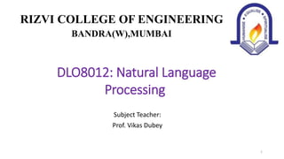 DLO8012: Natural Language
Processing
Subject Teacher:
Prof. Vikas Dubey
RIZVI COLLEGE OF ENGINEERING
BANDRA(W),MUMBAI
1
 