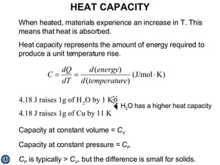 HEAT CAPACITY Capacity at constant volume =  C V Capacity at constant pressure =  C P C P  is typically >  C V , but the difference is small for solids. When heated, materials experience an increase in T. This means that heat is absorbed.  Heat capacity represents the amount of energy required to produce a unit temperature rise. H 2 O has a higher heat capacity 
