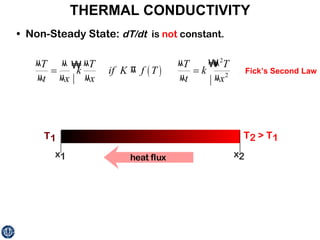 THERMAL CONDUCTIVITY Fick’s Second Law •  Non-Steady State:  dT/dt   is  not  constant.  
