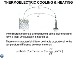 THERMOELECTRIC COOLING & HEATING Two different materials are connected at the their ends and form a loop. One junction is heated up. There exists a potential difference that is proportional to the temperature difference between the ends. 