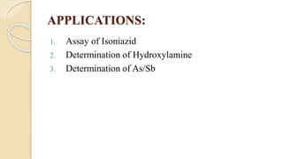 APPLICATIONS:
1. Assay of Isoniazid
2. Determination of Hydroxylamine
3. Determination of As/Sb