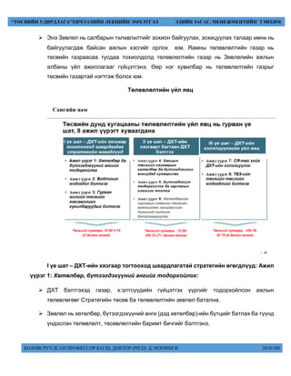 БОЛОВСРУУЛСАН ПРОФЕССОР БАГШ, ДОКТОР (PH.D) Д.ЭНХЧИМЭГ 2018 ОН
“ТӨСВИЙН УДИРДЛАГА”ХИЧЭЭЛИЙН ЛЕКЦИЙН ЭМХЭТГЭЛ ЭДИЙН ЗАСАГ, МЕНЕЖМЕНТИЙН ТЭНХИМ
 Энэ Çºвлºл нь салáарын төлөвлөлтийг зохион áайгуулах, зохиöуулах талаар өìнө нь
áайгуулагдаж áайсан ажлын хэсгийг орлох юì. ßаìны тºлºвлºлтийн газар нь
тºсвийн газраасаа тусдаа тохиолдолд тºлºвлºлтийн газар нь Çºвлºлийн ажлын
алáаны ¿йл ажиллагааг г¿йöэтгэнэ. ªºð íýã õóâèëáàð íü òºëºâëºëòèéí ãàçðûã
òºñâèéí ãàçàðòàé íýãòãýæ áîëîõ þì.
Төлөвлөлтийн үйл явц
l үе шат – ДХТ-ийн хязгаар тогтооход шаардлагатай стратегийн өгөгдлүүд: Ажил
үүрэг 1: Хөтөлбөр, бүтээгдэхүүний ангийг тодорхойлох:
 ДХТ бэлтгэхэд газар, х:элтсүүдийн гүйцэтгэх үүргийг тодорхойлсон ажлын
төлөвлөгөөг Стратегийн төсөв ба төлөвлөлтийн зөвлөл батална.
 Зөвлөл нь хөтөлбөр, бүтээгдэхүүний анги (дэд хөтөлбөр)-ийн бүтцийг батлах ба түүнд
үндэслэн төлөвлөлт, төсөвлөлтийн баримт бичгийг бэлтгэнэ.
 