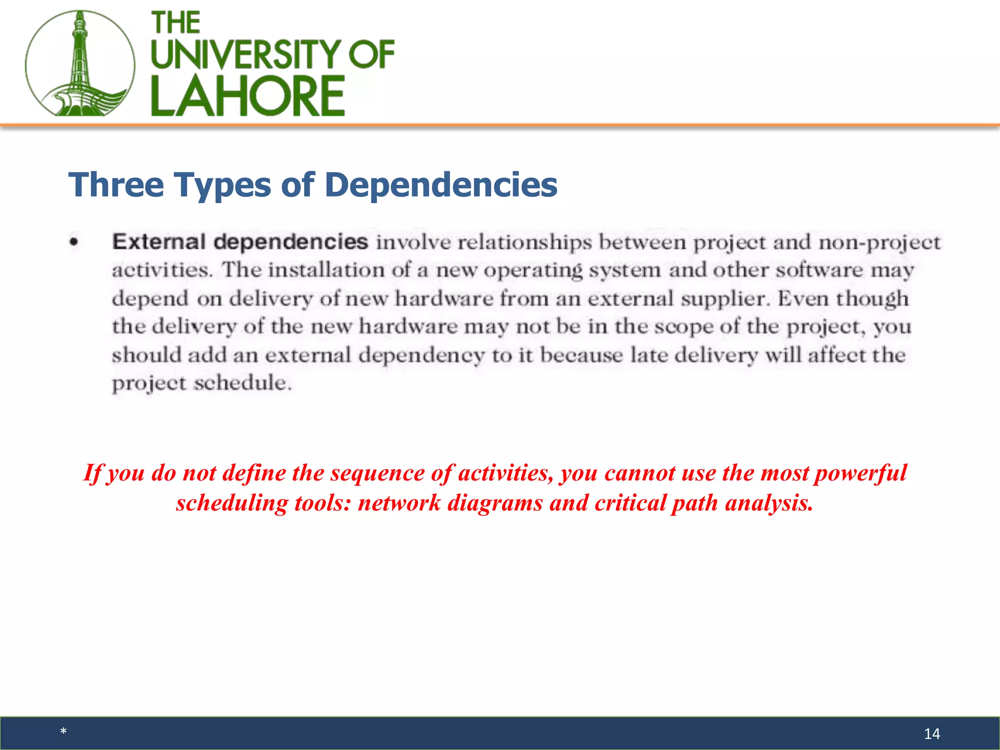 * 14
Three Types of Dependencies
If you do not define the sequence of activities, you cannot use the most powerful
scheduling tools: network diagrams and critical path analysis.
 