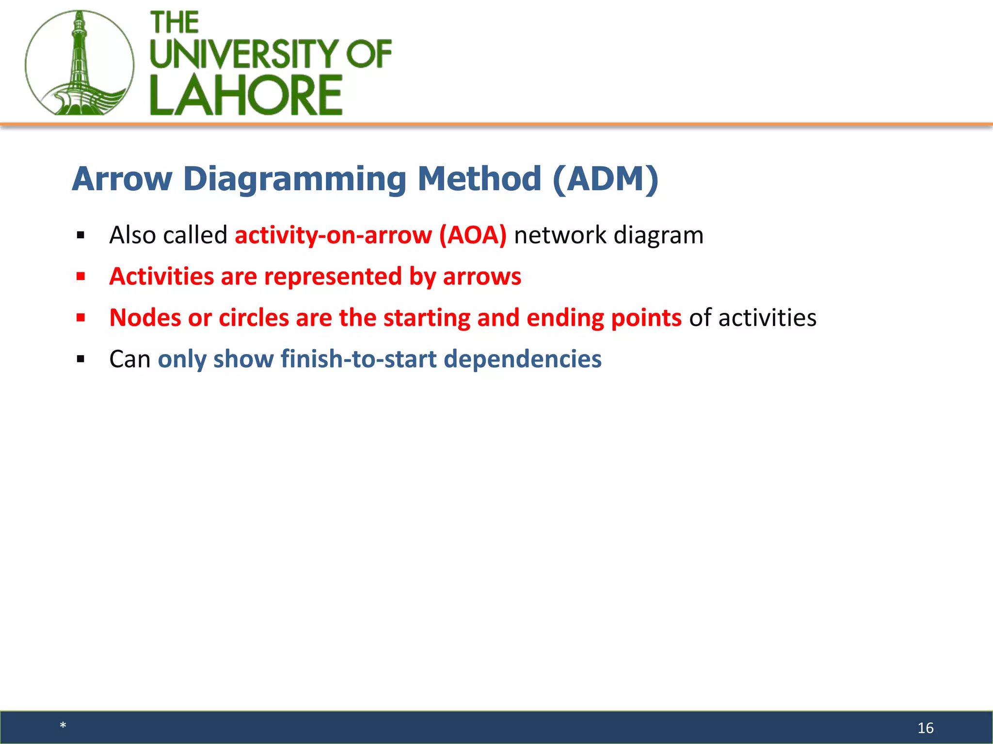 * 16
▪ Also called activity-on-arrow (AOA) network diagram
▪ Activities are represented by arrows
▪ Nodes or circles are the starting and ending points of activities
▪ Can only show finish-to-start dependencies
Arrow Diagramming Method (ADM)
 