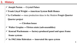6
2. History
 Joseph Paxton --- Crystal Palace
 Frank Lloyd Wright ---American System Built Homes
 Le Corbusier --- mass production ideas in the Modern Frugés Quarter
Quarter project
--- Citrohan house
 Walter Gropius ---Törten estate (sub-assemblies)
 Konrad Wachsmann --- factory-produced panel and space frame
frame systems
 In 1962 John Habraken --- innovated the open system
 