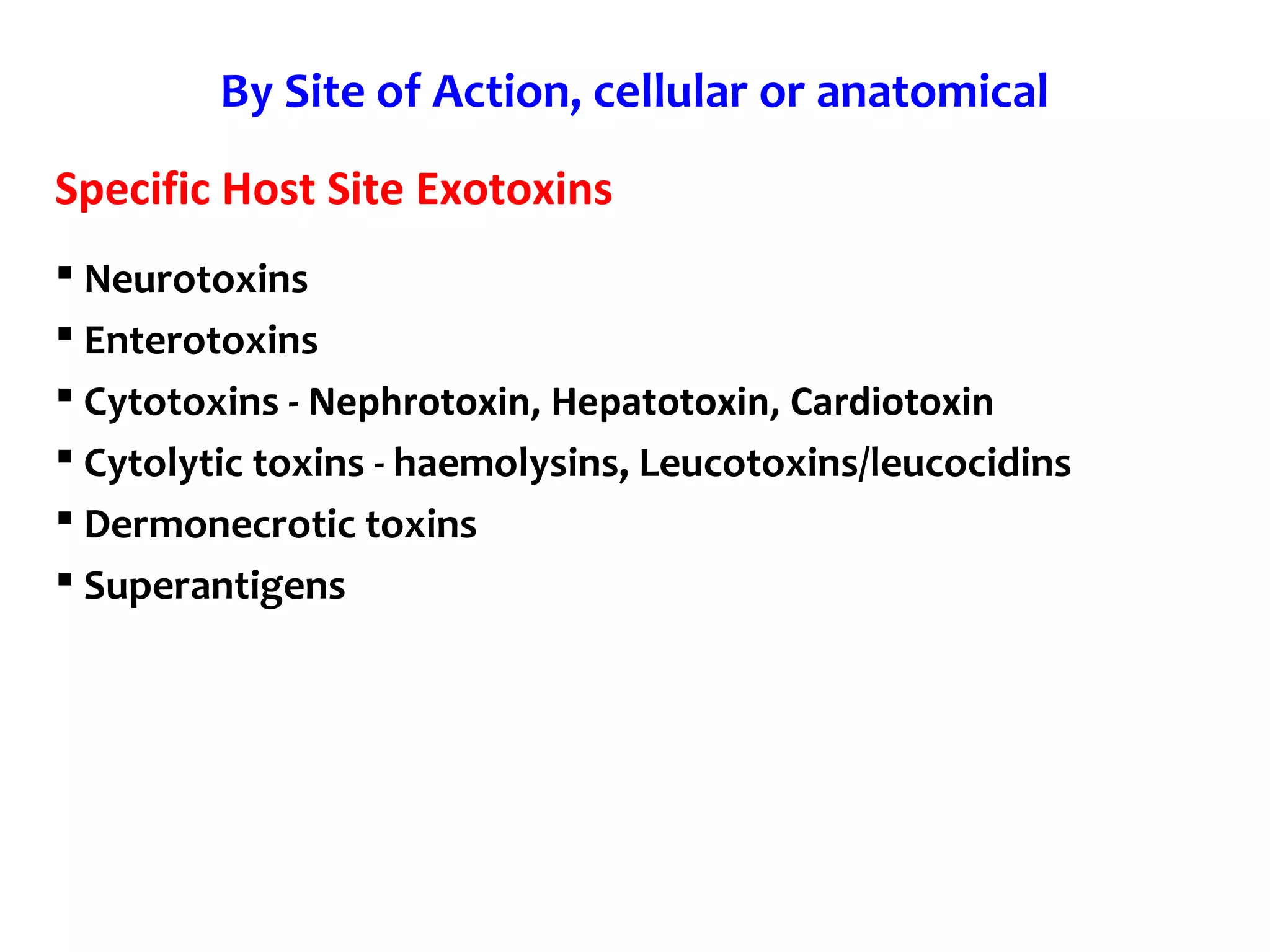 By Site of Action, cellular or anatomical
 Neurotoxins
 Enterotoxins
 Cytotoxins - Nephrotoxin, Hepatotoxin, Cardiotoxin
 Cytolytic toxins - haemolysins, Leucotoxins/leucocidins
 Dermonecrotic toxins
 Superantigens
Specific Host Site Exotoxins
 