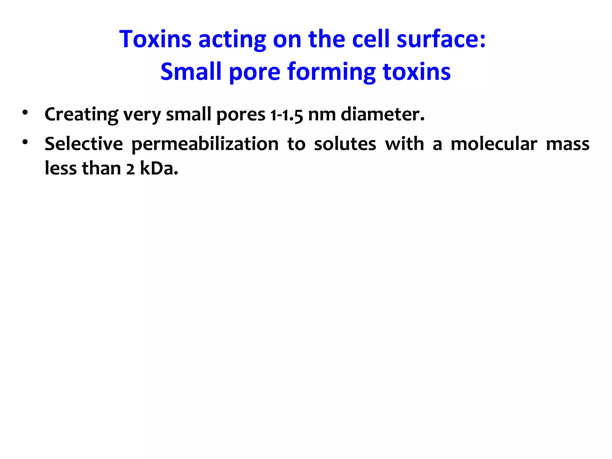 Toxins acting on the cell surface:
Small pore forming toxins
• Creating very small pores 1-1.5 nm diameter.
• Selective permeabilization to solutes with a molecular mass
less than 2 kDa.
 