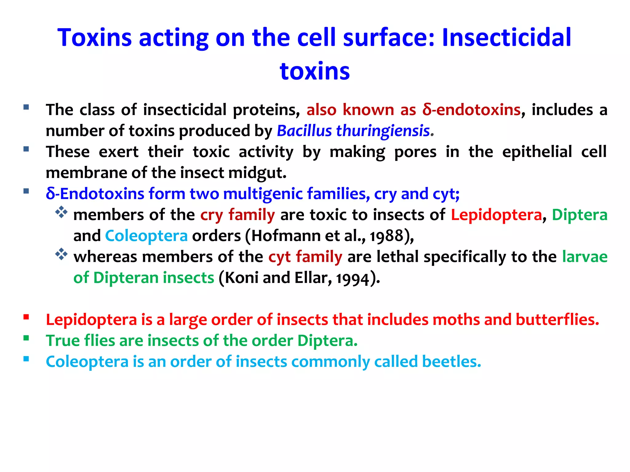 Toxins acting on the cell surface: Insecticidal
toxins
 The class of insecticidal proteins, also known as δ-endotoxins, includes a
number of toxins produced by Bacillus thuringiensis.
 These exert their toxic activity by making pores in the epithelial cell
membrane of the insect midgut.
 δ-Endotoxins form two multigenic families, cry and cyt;
 members of the cry family are toxic to insects of Lepidoptera, Diptera
and Coleoptera orders (Hofmann et al., 1988),
 whereas members of the cyt family are lethal specifically to the larvae
of Dipteran insects (Koni and Ellar, 1994).
 Lepidoptera is a large order of insects that includes moths and butterflies.
 True flies are insects of the order Diptera.
 Coleoptera is an order of insects commonly called beetles.
 
