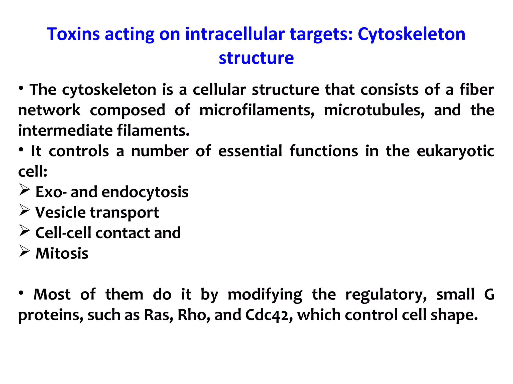 Toxins acting on intracellular targets: Cytoskeleton
structure
• The cytoskeleton is a cellular structure that consists of a fiber
network composed of microfilaments, microtubules, and the
intermediate filaments.
• It controls a number of essential functions in the eukaryotic
cell:
 Exo- and endocytosis
 Vesicle transport
 Cell-cell contact and
 Mitosis
• Most of them do it by modifying the regulatory, small G
proteins, such as Ras, Rho, and Cdc42, which control cell shape.
 