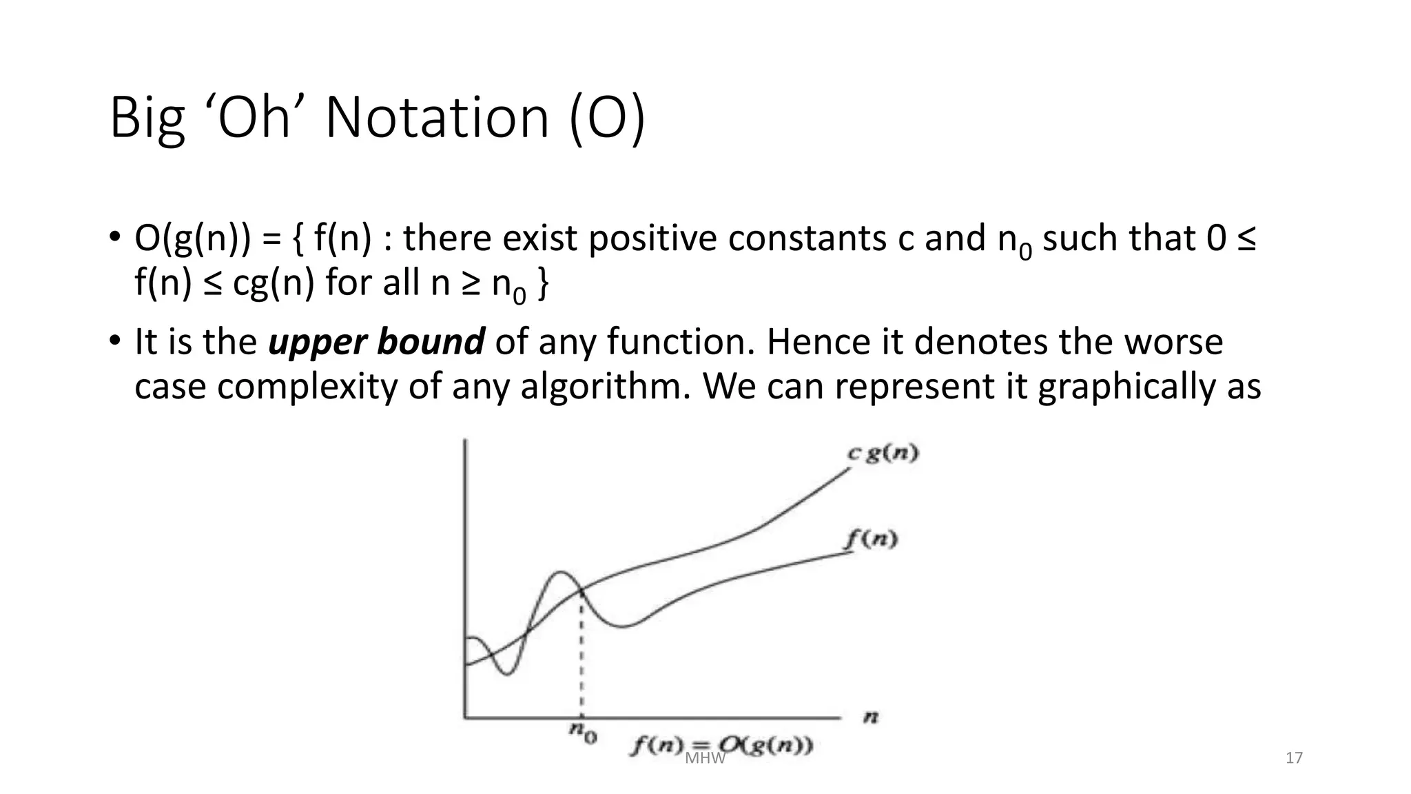 Big ‘Oh’ Notation (O) 
• O(g(n)) = { f(n) : there exist positive constants c and n0 such that 0 ≤ 
f(n) ≤ cg(n) for all n ≥ n0 } 
• It is the upper bound of any function. Hence it denotes the worse 
case complexity of any algorithm. We can represent it graphically as 
MHW 17 
 