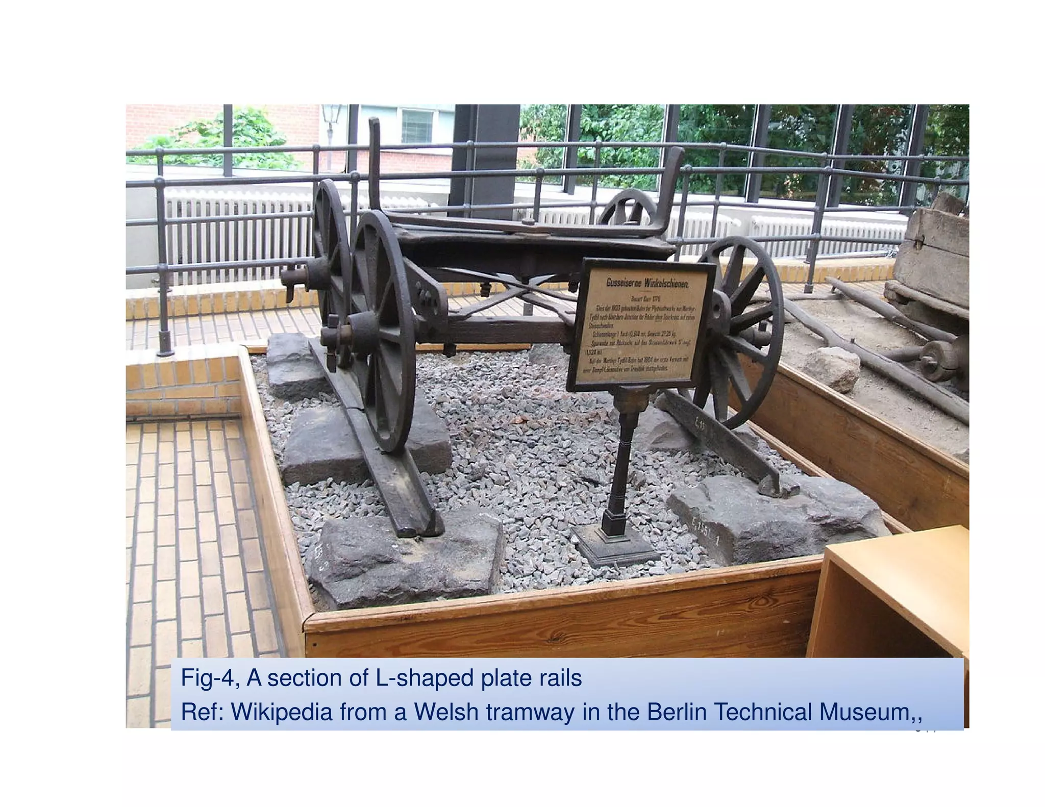 Fig-4, A section of L-shaped plate rails 
Ref: Wikipedia from a Welsh tramway in the Berlin Technical Museum,, 
17 
 